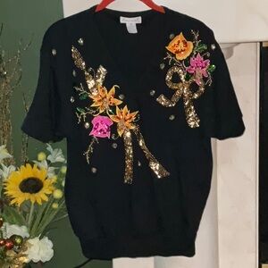 Eminent Embellished Dimensional Beaded Sequins Appliqués Oversized Top Medium